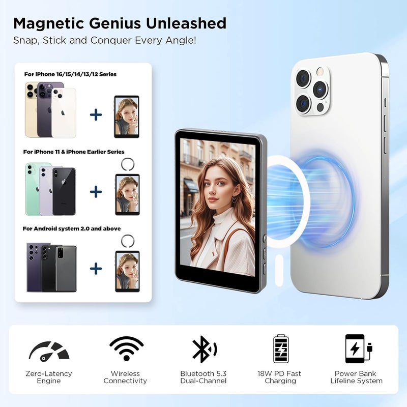 sunpin Vlog Selfie Monitor Screen, Wireless 4K/1080p Back Camera Monitor for iPhone & Android, Built-in Speaker for YouTube TikTok Live Streaming (Gray) - Image 3